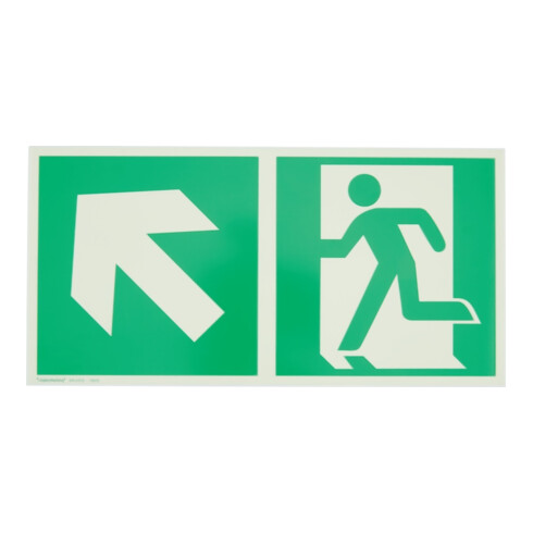 Fluchtwegschild Alu B300xH150 mm Sortie de secours droite avec flèche vers la gauche en haut