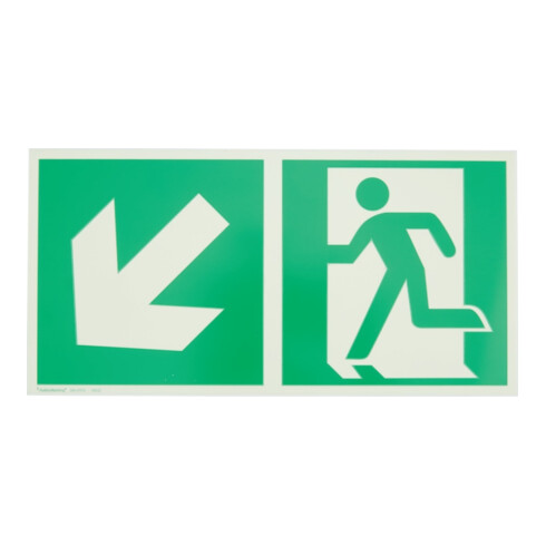 Fluchtwegschild Alu B300xH150 mm Sortie de secours gauche avec flèche vers le bas à gauche