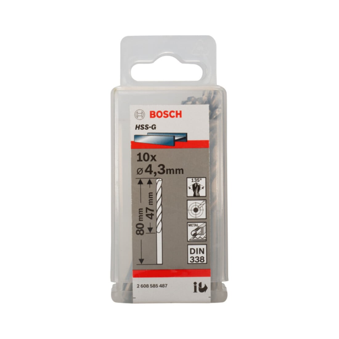 Foret à métaux Bosch HSS-G, DIN 338, 4,3 x 47 x 80 mm