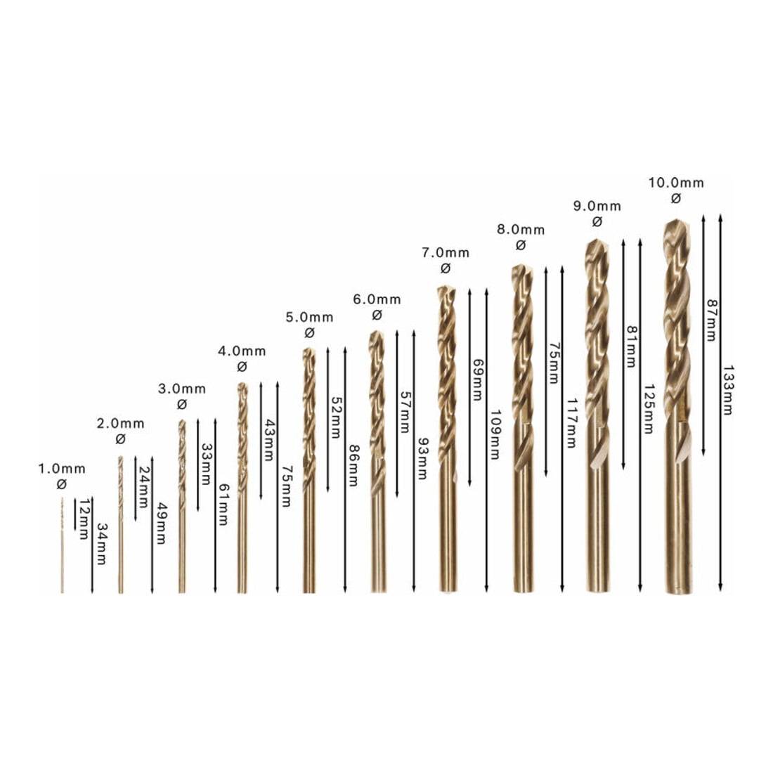 Forets à métaux HSS-Co Robust Line, jeu de 10 pièces 1; 2; 3; 4; 5; 6; 7; 8; 9; 10 mm