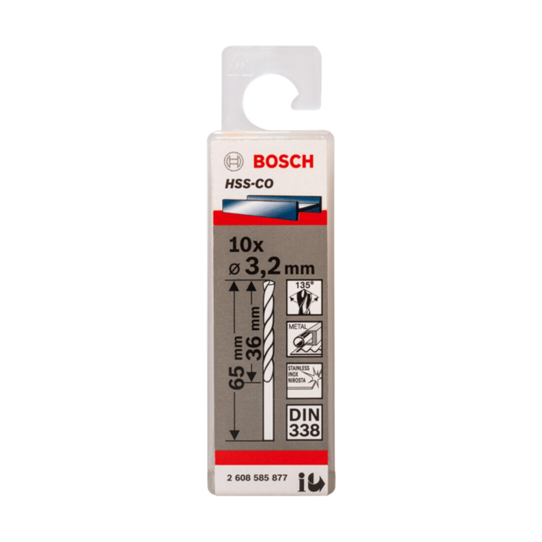 Forets à métaux rectifiés HSS-Co, DIN 338 3,2 x 36 x 65 mm
