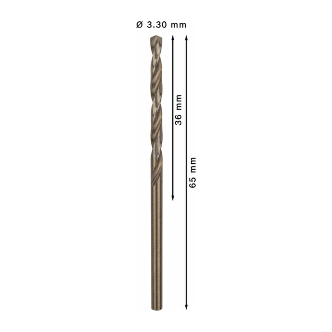 Forets à métaux rectifiés HSS-Co, DIN 338 3,3 x 36 x 65 mm
