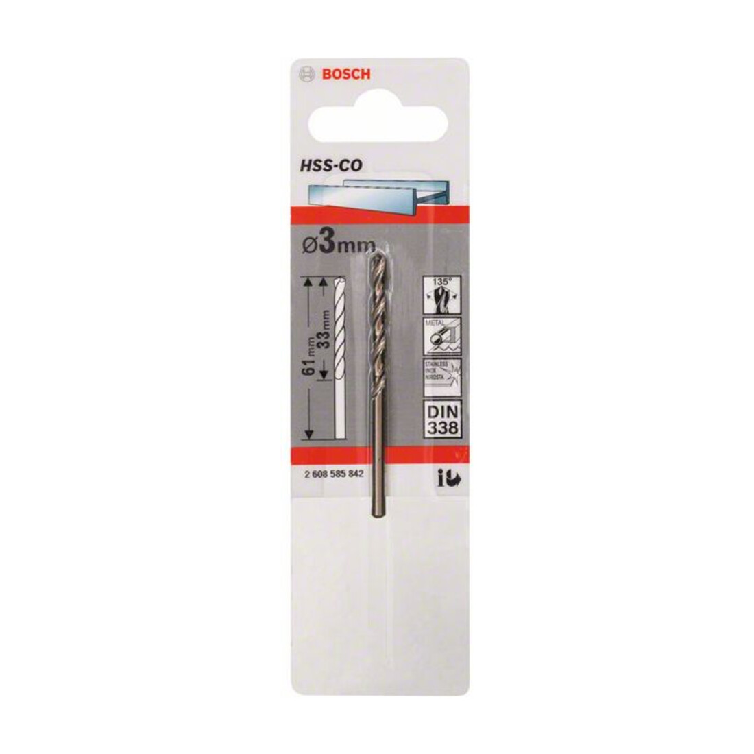 Forets à métaux rectifiés HSS-Co, DIN 338 3 x 33 x 61 mm