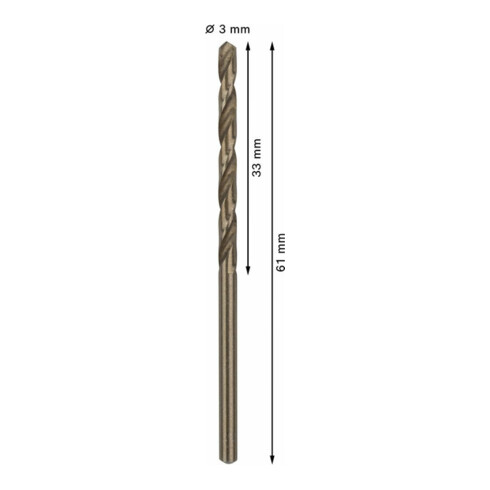 Forets à métaux rectifiés HSS-Co, DIN 338 3 x 33 x 61 mm