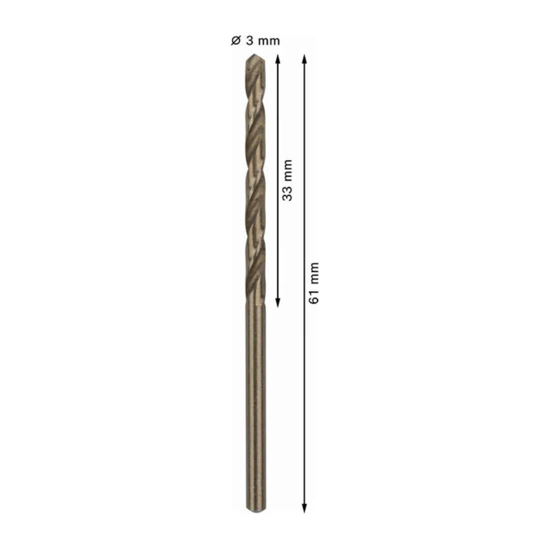 Forets à métaux rectifiés HSS-Co, DIN 338 3 x 33 x 61 mm