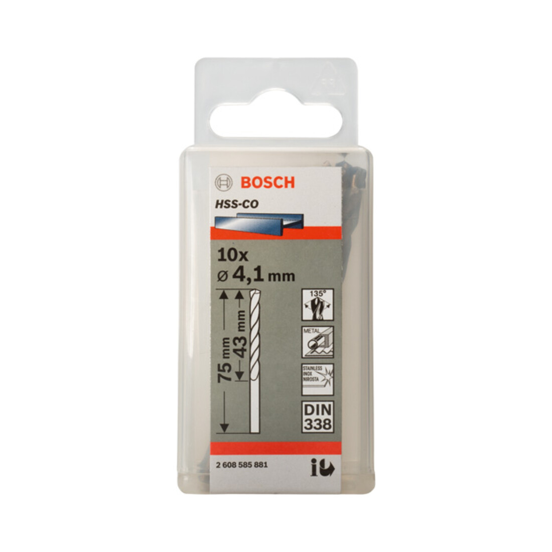 Forets à métaux rectifiés HSS-Co, DIN 338 4,1 x 43 x 75 mm