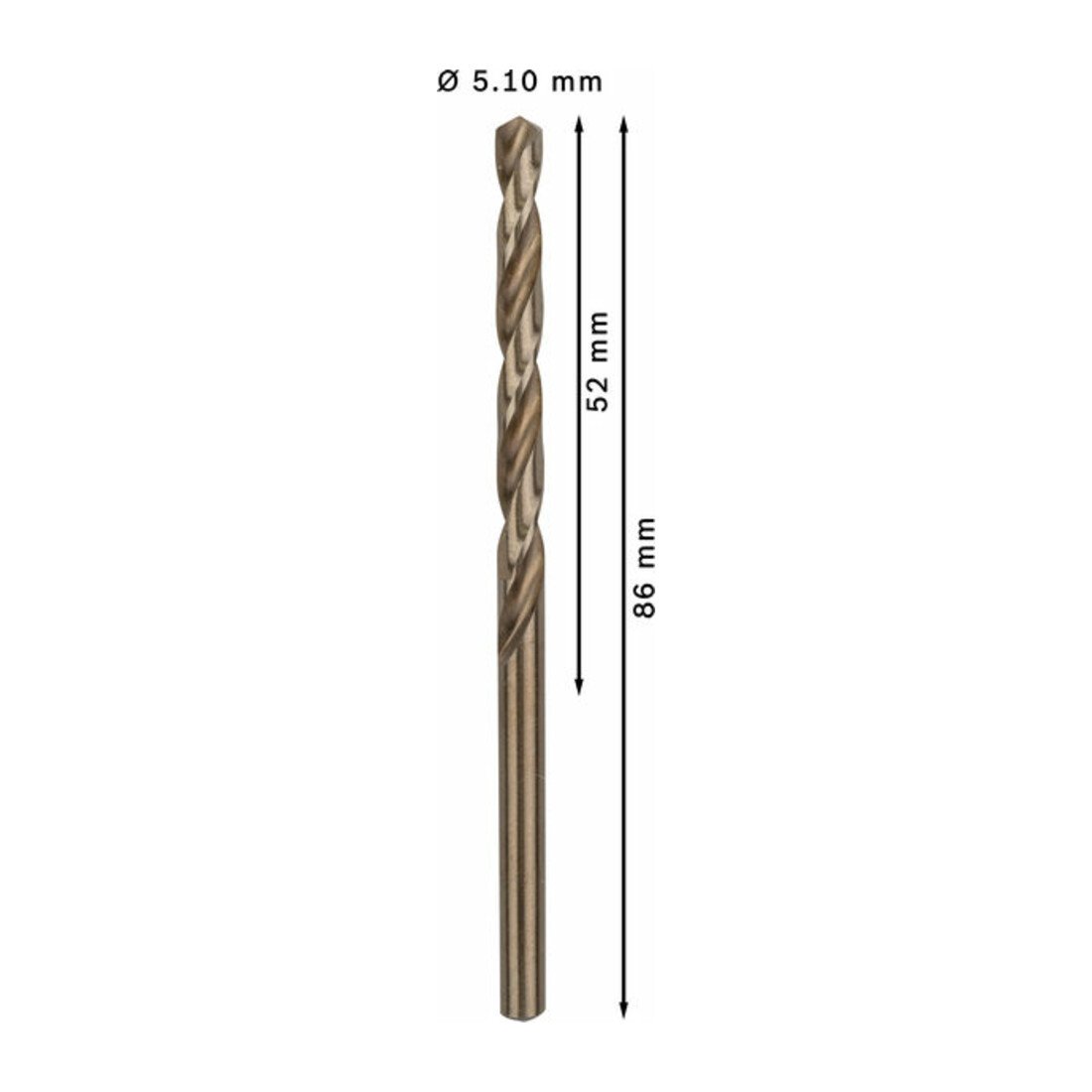 Forets à métaux rectifiés HSS-Co, DIN 338 5,1 x 52 x 86 mm