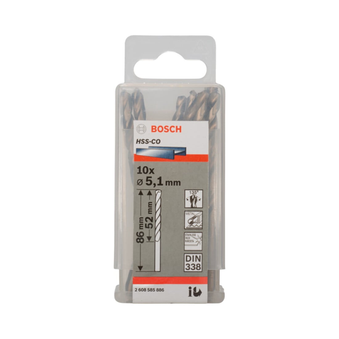 Forets à métaux rectifiés HSS-Co, DIN 338 5,1 x 52 x 86 mm
