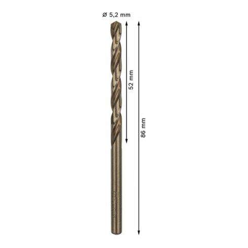 Forets à métaux rectifiés HSS-Co, DIN 338 5,2 x 52 x 86 mm