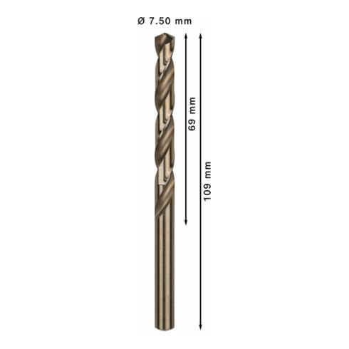 Forets à métaux rectifiés HSS-Co, DIN 338 7,5 x 69 x 109 mm