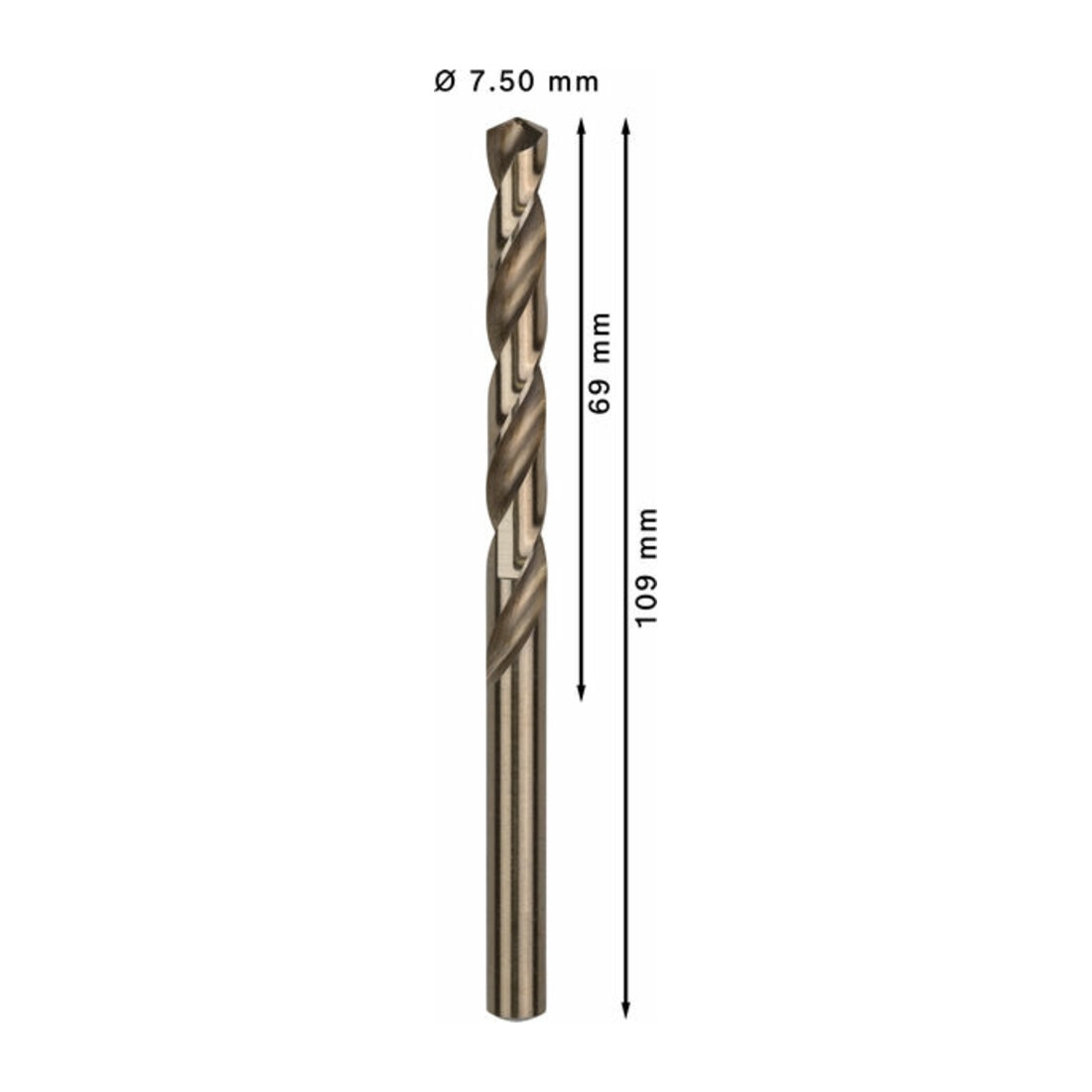Forets à métaux rectifiés HSS-Co, DIN 338 7,5 x 69 x 109 mm