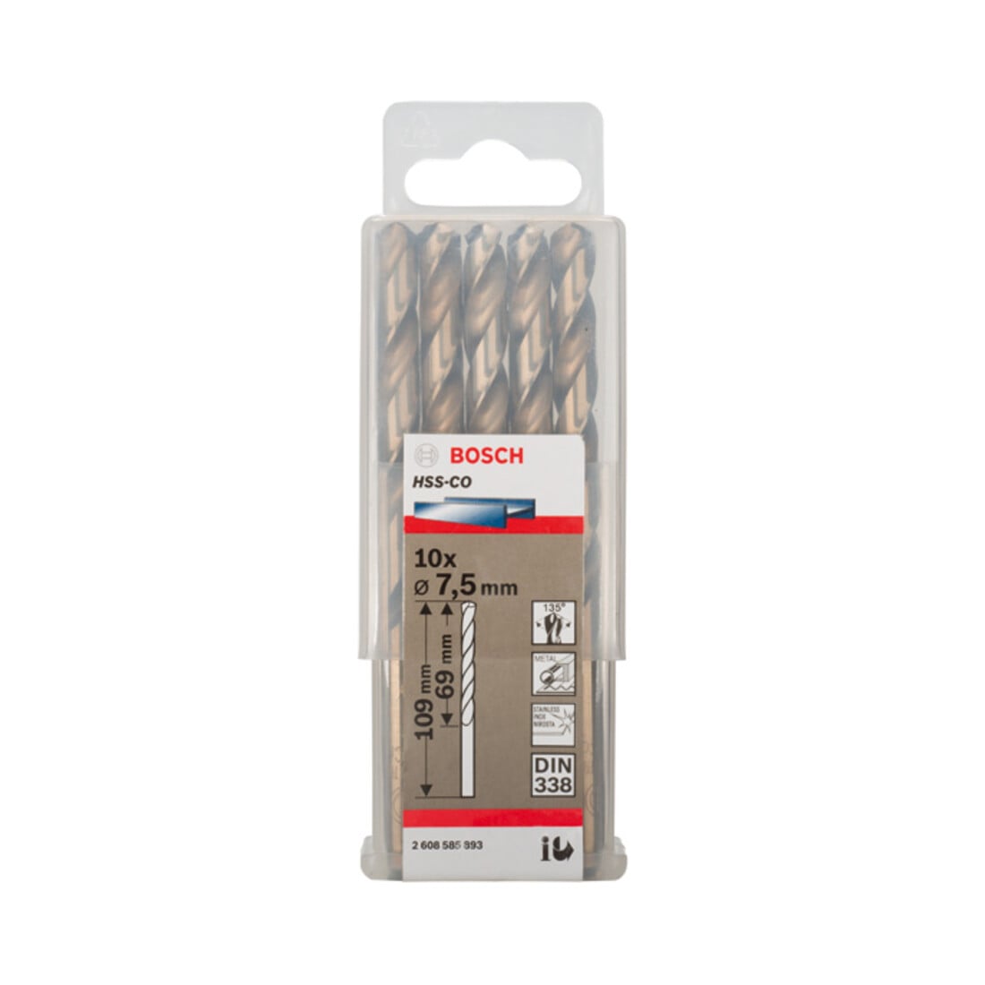 Forets à métaux rectifiés HSS-Co, DIN 338 7,5 x 69 x 109 mm