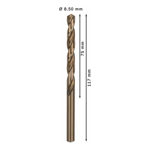 Forets à métaux rectifiés HSS-Co, DIN 338 8,5 x 75 x 117 mm