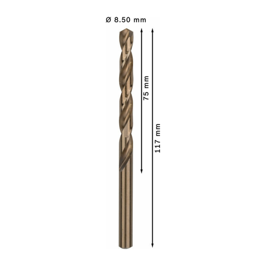 Forets à métaux rectifiés HSS-Co, DIN 338 8,5 x 75 x 117 mm