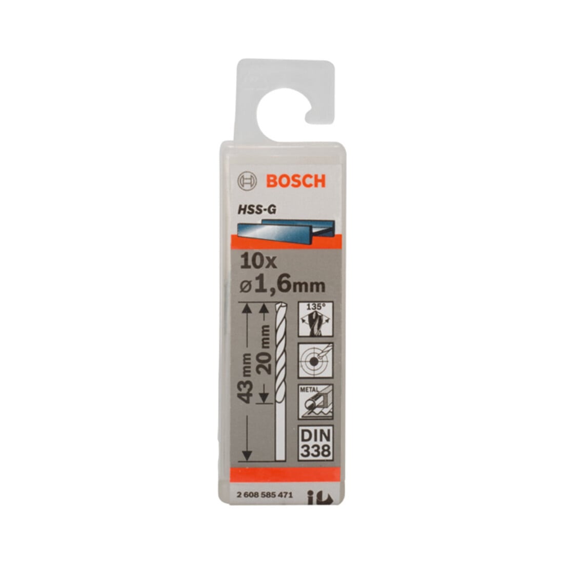 Forets à métaux rectifiés HSS-G, DIN 338 1,6 x 20 x 43 mm