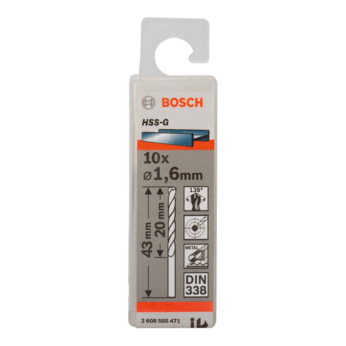 Forets à métaux rectifiés HSS-G, DIN 338 1,6 x 20 x 43 mm