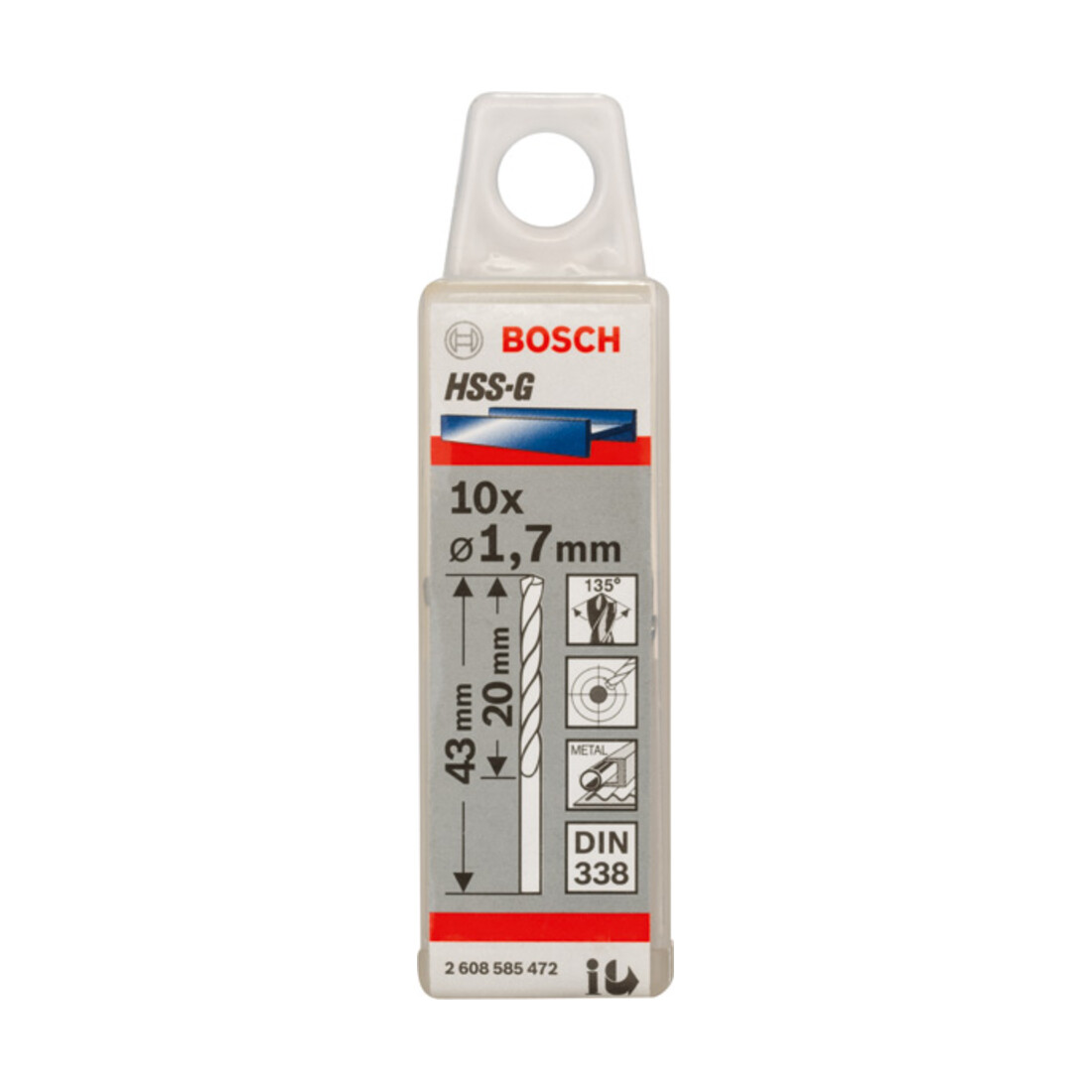 Forets à métaux rectifiés HSS-G, DIN 338 1,7 x 20 x 43 mm