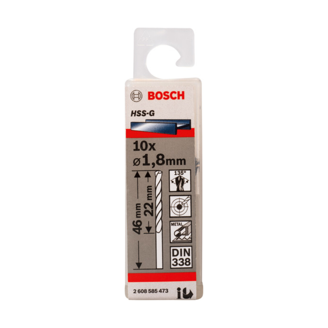 Forets à métaux rectifiés HSS-G, DIN 338 1,8 x 22 x 46 mm