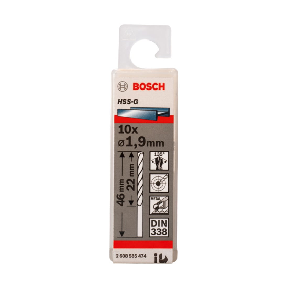 Forets à métaux rectifiés HSS-G, DIN 338 1,9 x 22 x 46 mm