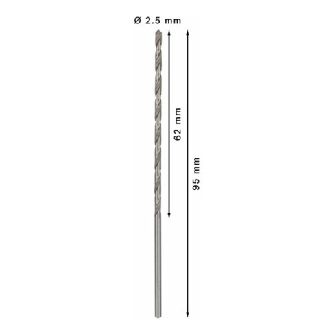 Forets à métaux rectifiés HSS-G, DIN 340, série longue 2,5 x 62 x 95 mm