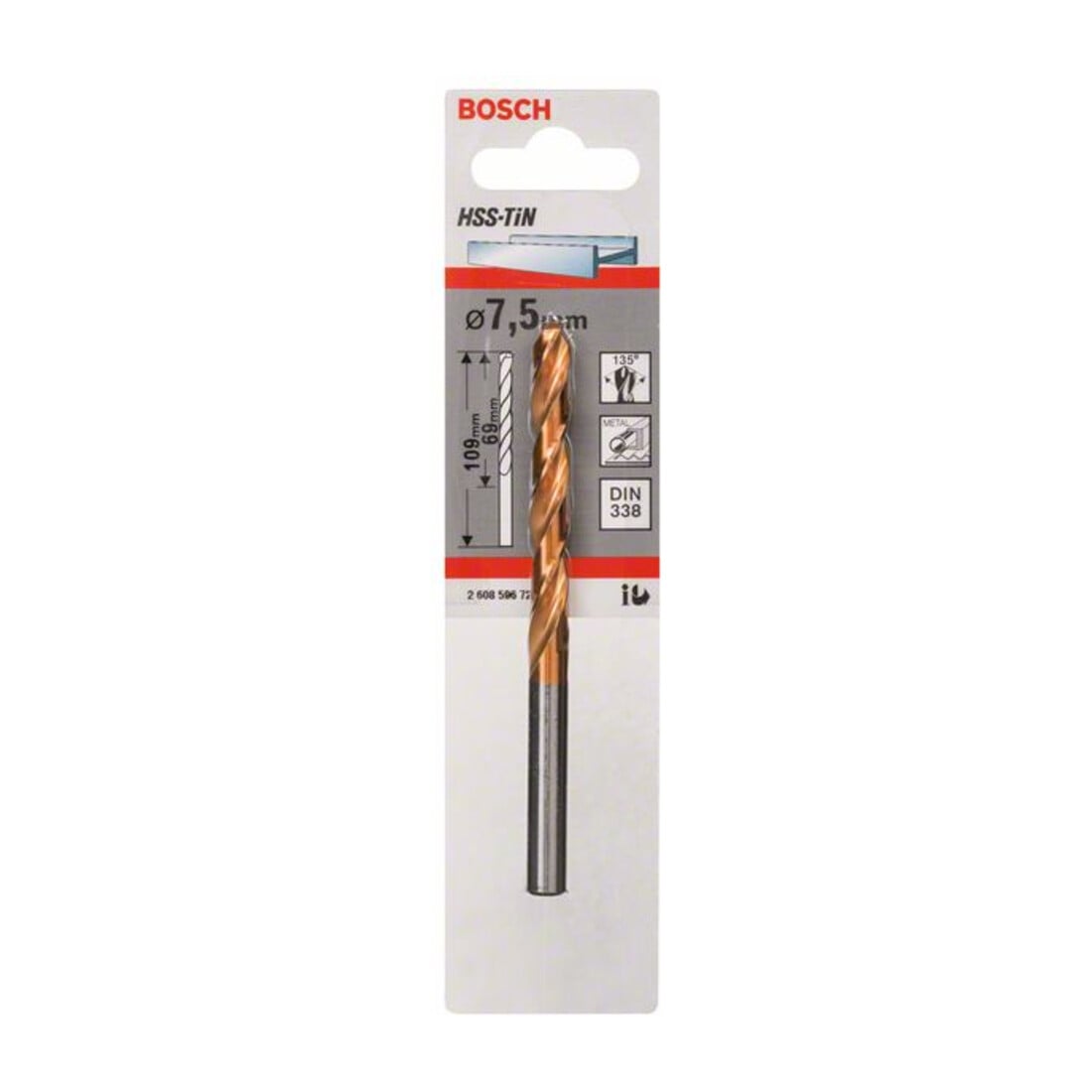 Forets à métaux rectifiés HSS-TiN, DIN 338 7,5 x 69 x 109 mm