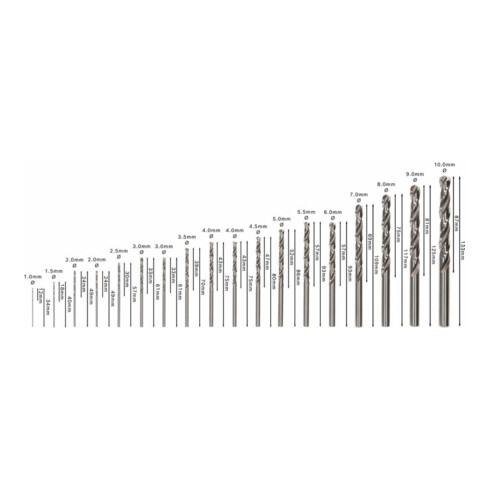 Forets à métaux rectifiés Toughbox HSS-G, DIN 338, 135°, set de 18 pièces 1; 1,5; 2; 2,5; 3; 3,5; 4; 4,5; 5; 5,5; 6; 7; 8; 9; 10 mm