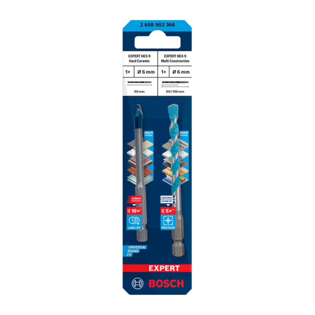Forets Bosch EXPERT HEX-9 Hard Ceramic + HEX-9 Multi Construction, 6 mm