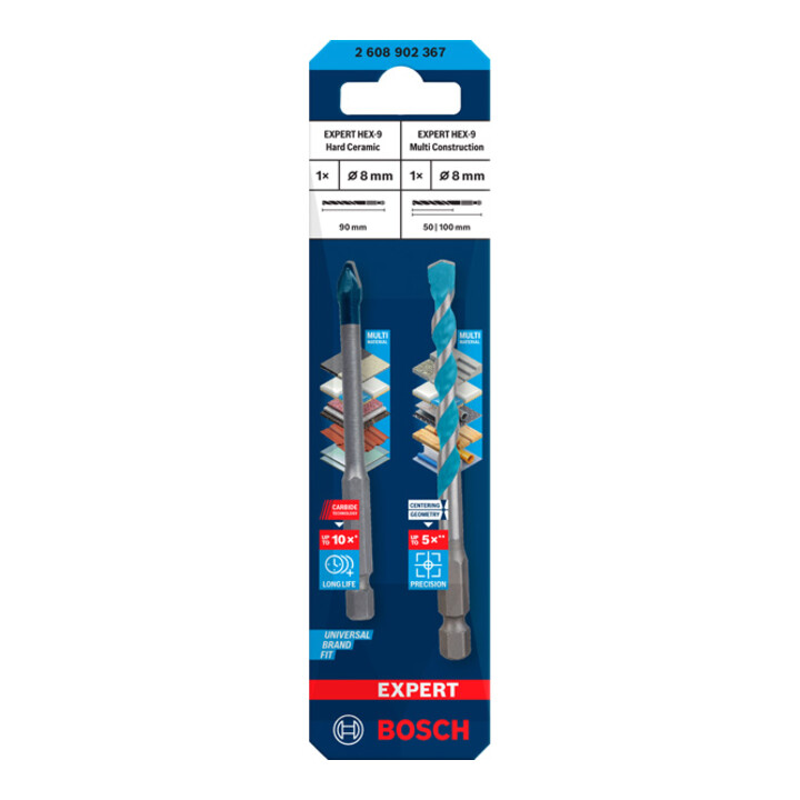 Forets Bosch EXPERT HEX-9 Hard Ceramic + HEX-9 Multi Construction, 8 mm