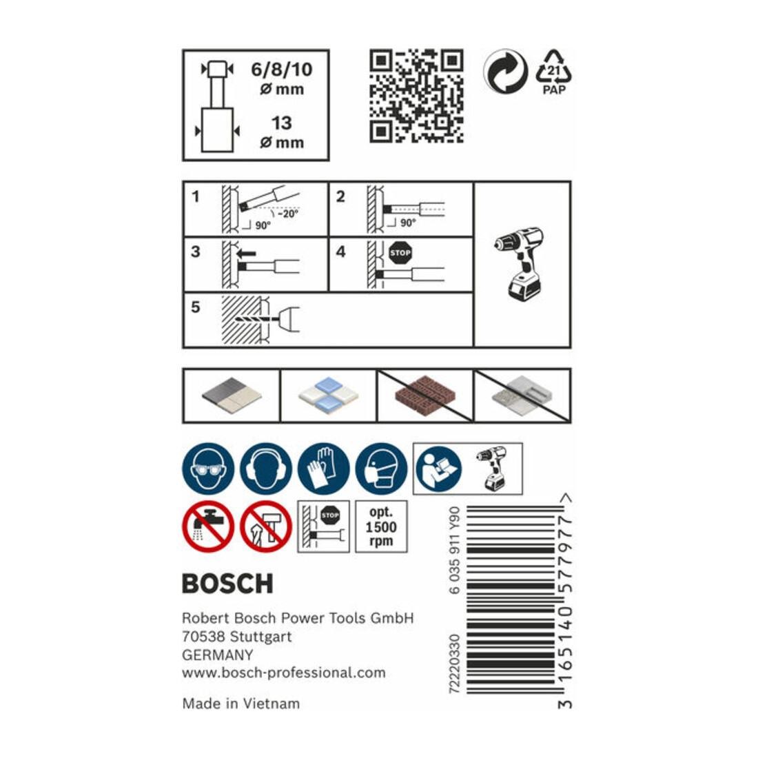 Forets diamantés à sec Robust Line Easy Dry Best for Ceramic, set de 3 pièces 6,0; 8,0; 10,0 mm