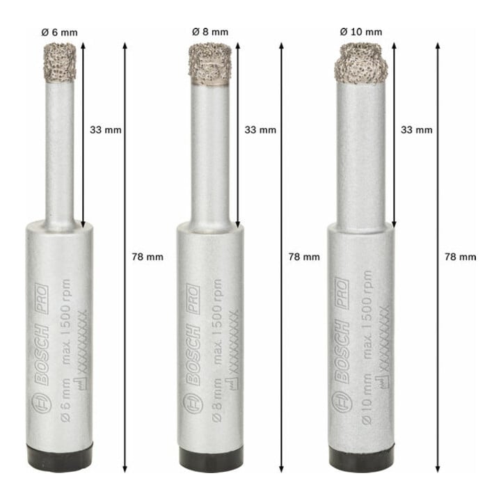 Forets diamantés à sec Robust Line Easy Dry Best for Ceramic, set de 3 pièces 6,0; 8,0; 10,0 mm