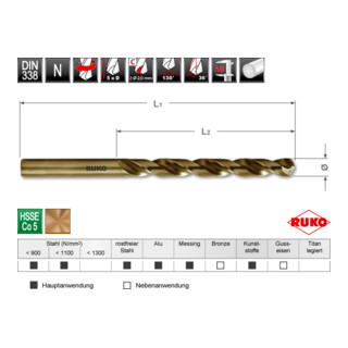 Foret hélicoïdal Ruko DIN 338 type N HSS Co 5 rectifié, avec affûtage en croix
