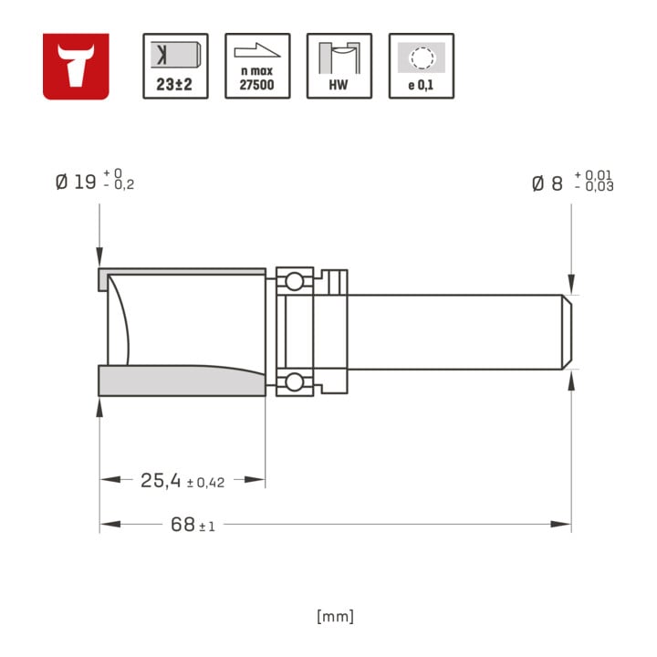 Fraise à affleurer STIER avec roulement à billes de démarrage 8 mm D 19 mm NL 25 mm
