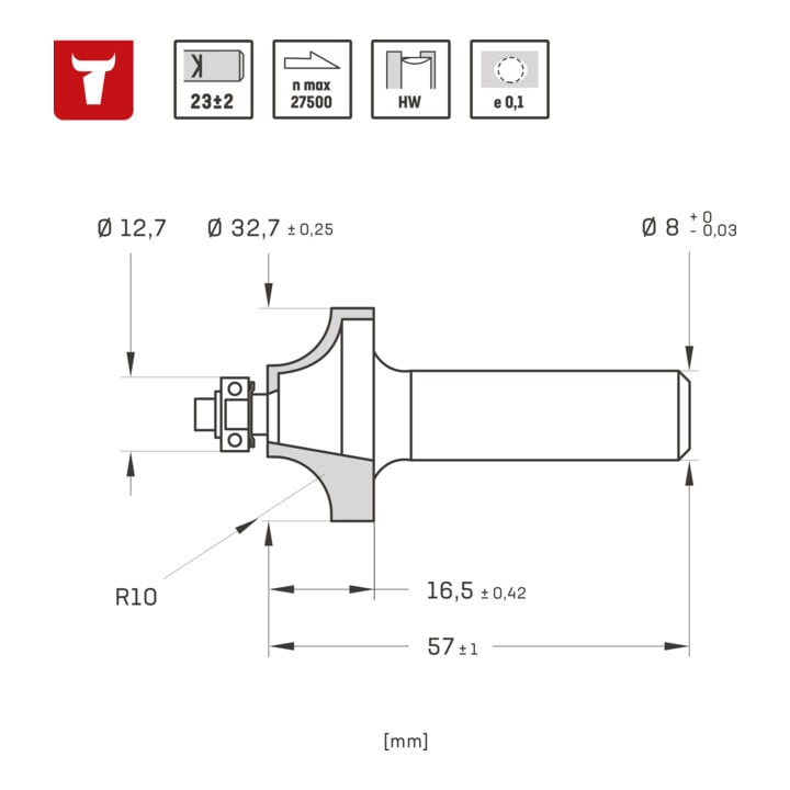 Fraise à rayonner STIER avec roulement à billes carbure (HW) Ø 32,7 mm, 8 mm