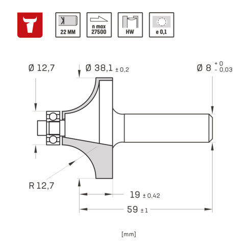 Fraise arrondie STIER D38,1 x R12,7 x S8 mm HM (HW)