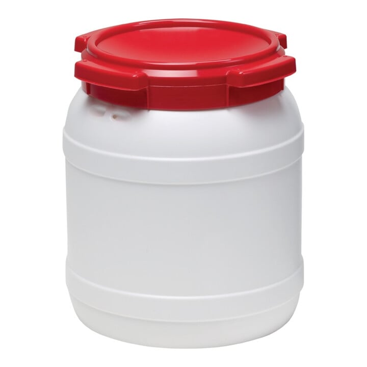 Fût à col large 15,4 l blanc avec couvercle rouge sans poignées d'ouverture Ø 204 mm