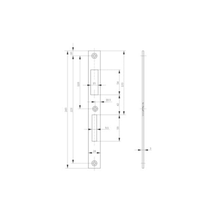 Gâche pour serrure de cadre tubulaire écart. 72 mm L 243 mm acier NiSi