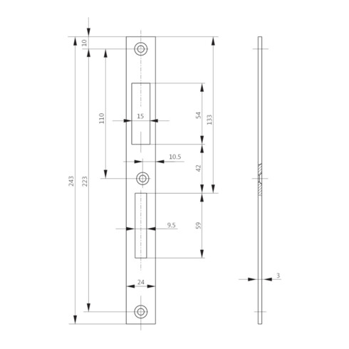 Gâche pour serrure de cadre tubulaire écart. 72 mm L 243 mm acier NiSi