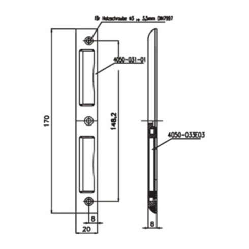 Gâche SSF alu argent B.20 Largeur de côté 8 mm DIN G/D