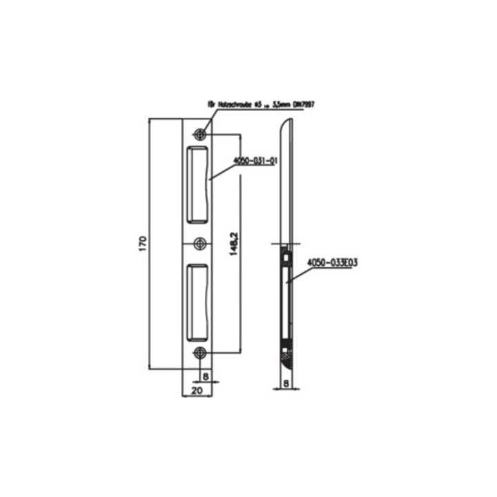 Gâche SSF alu argent B.20 Largeur de côté 8 mm DIN G/D