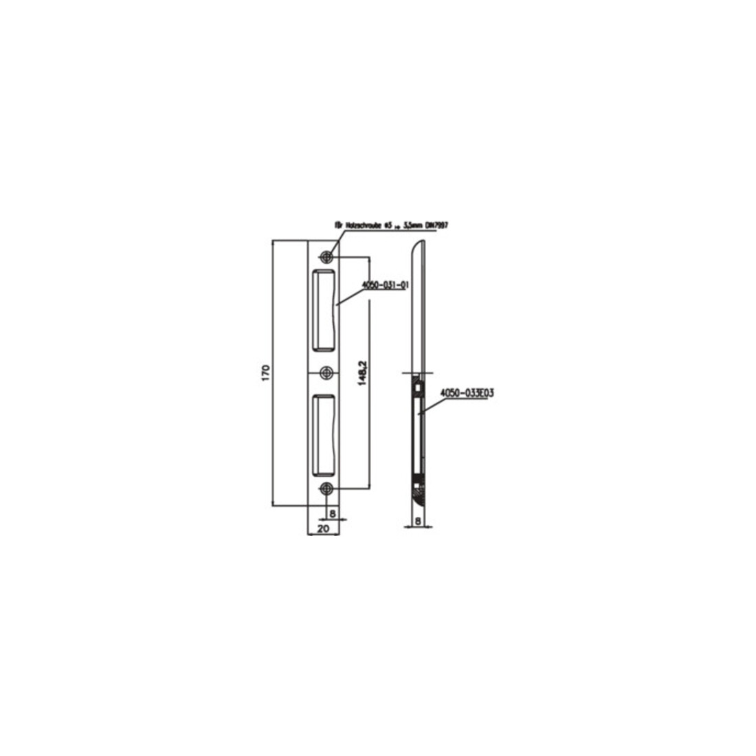 Gâche SSF alu argent B.20 Largeur de côté 8 mm DIN G/D