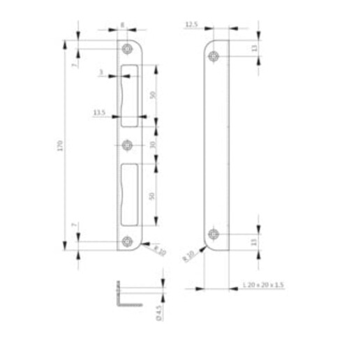 Gâche STA argent HT d'angle l 20xL.190 mm Largeur de côté 20 mm DIN G/D