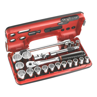 Gamme Facom 1/2" - éléments d'entraînement, clé à 12 points, boîte de détection à cliquet réversible, 21 pcs.