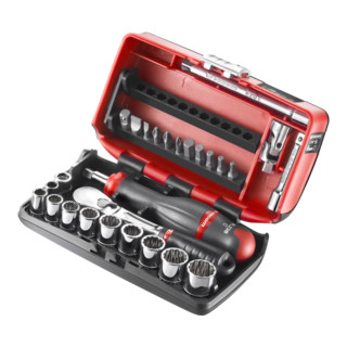 Gamme Facom 1/4" - Eléments d'entraînement, embouts Série 1, clé à douze pans creux, clé à cliquet réversible Dimensions en pouces Boîtier ultra-compact, 27 pces.