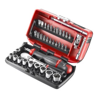 Gamme Facom 1/4" - Eléments d'entraînement, embouts Série 1, clé à six pans creux, clé à cliquet réversible pouce, boîte ultra-compacte 38 pcs.