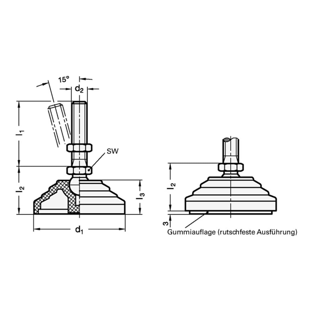 Ganter Kunststoff-Gelenkfuß GN 344 d1 60 mm,d2 M 10mm l1 98mm l3 24mm