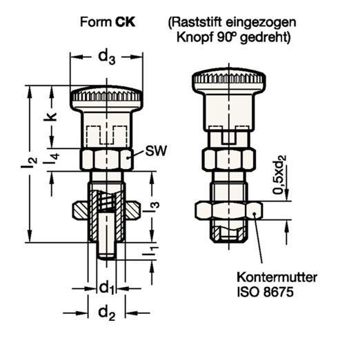 Ganter Rastbolzen GN 817 d1 10mm d2 M16 x 1,5mm l1 12mm Stahl,o.Rastsperre,m.Kontermut.