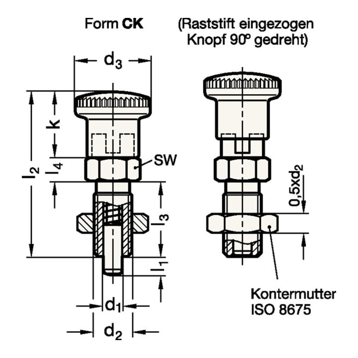 Ganter Rastbolzen GN 817 d1 5mm d2 M 10 x 1mm l1 5mm Stahl,o.Rastsperre,m.Kontermutter
