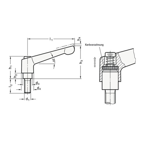 Ganter Verstellbarer Klemmhebel GN 300 d1 M 6mm l1 45mm l2 16mm AG