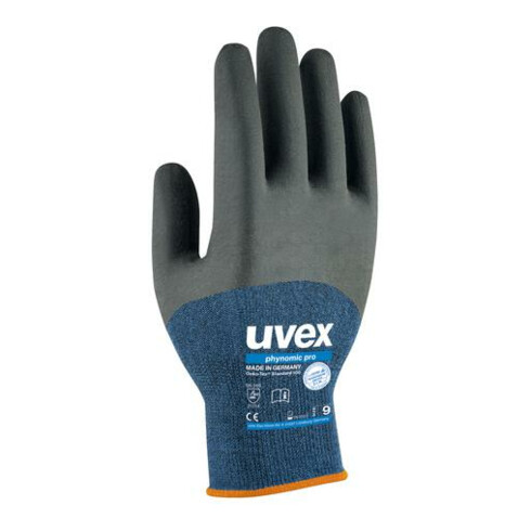Gants de montage Uvex phynomic pro, 3/4 du dos de la main avec revêtement Aqua-Polymer-Pro, taille 6