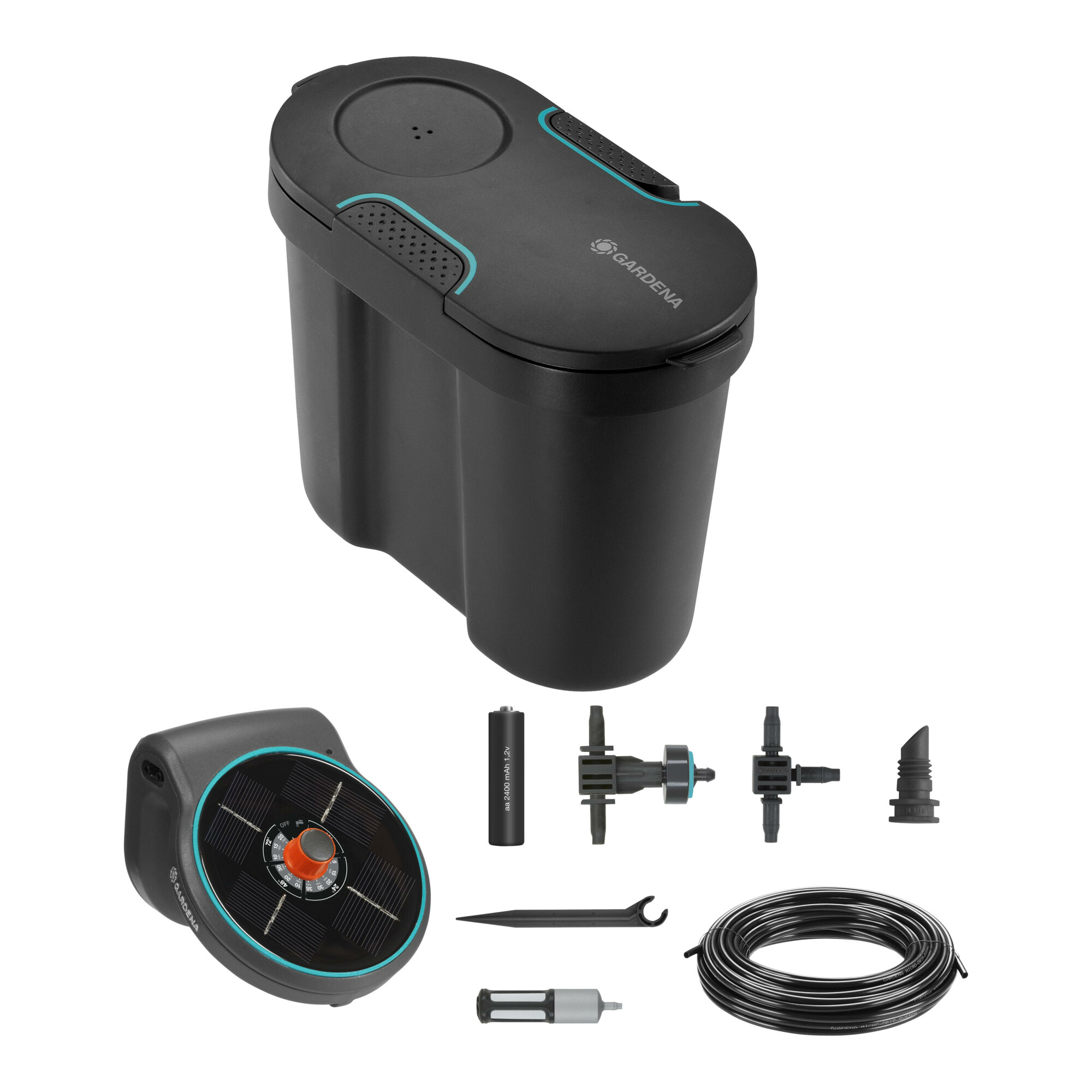 GARDENA AquaBloom Solar-Bewässerung Set inkl. Wasserreservoir aus Kunststoff mit Solarpanel und Bewässerungscomputer für Balkon- oder
